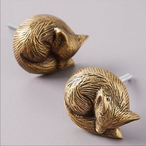 Anthropologie Set of TWO Brass Sleeping Fox Knobs